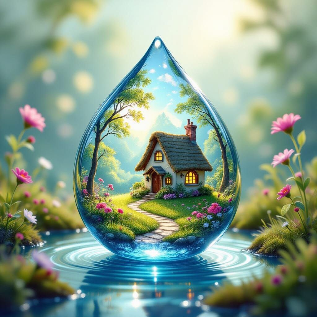 Magical World Inside Dewdrop with Cozy House