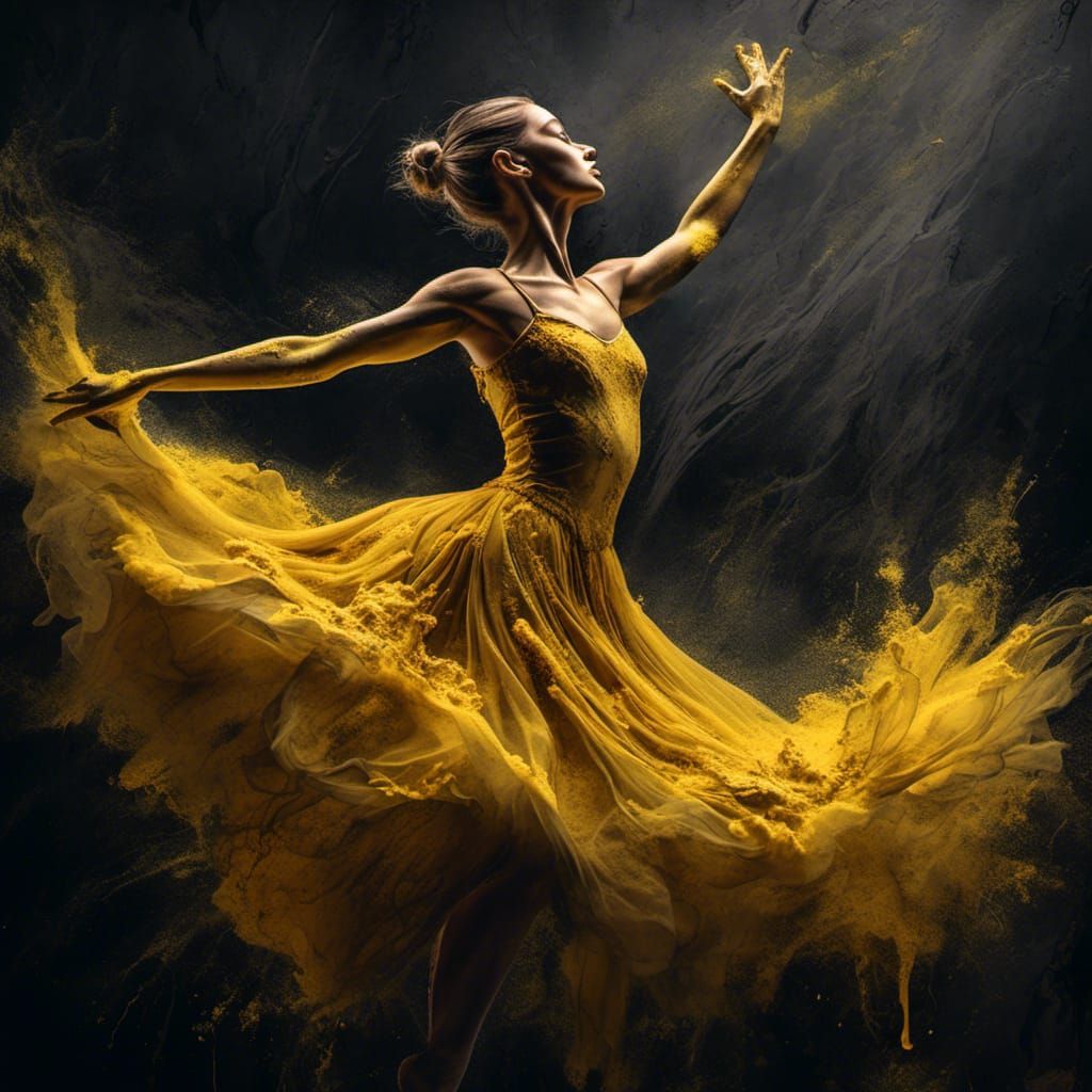 breathtaking illustration of ballerina dancing with a dress made entirely with diaphanous yellow paint flowing down on dark glossy surface,...