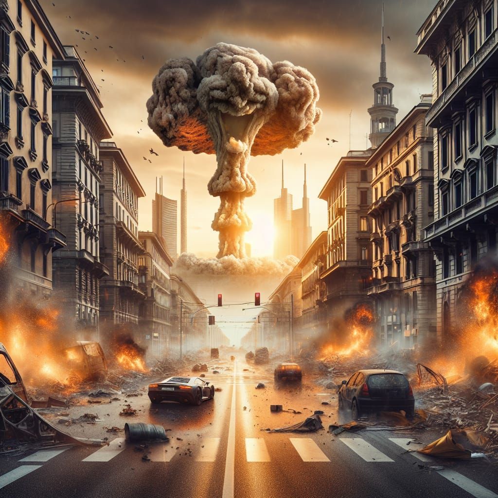 hyperrealistic nuclear disaster in Milano view from the street causing panic and devastation