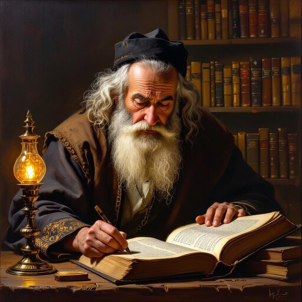 Wise Old Man Studying Torah in Rembrandt Style
