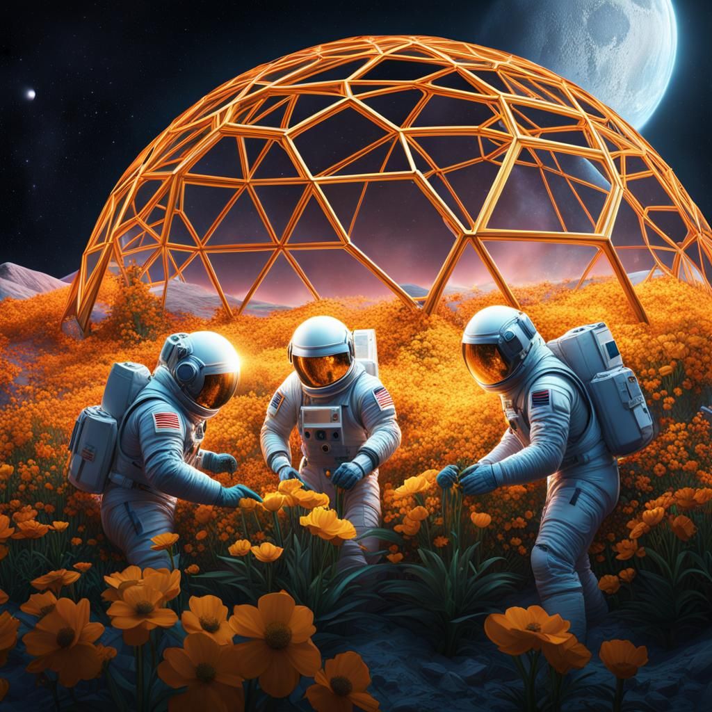 Three men in spacesuits tending to the flowers in a geodesic...