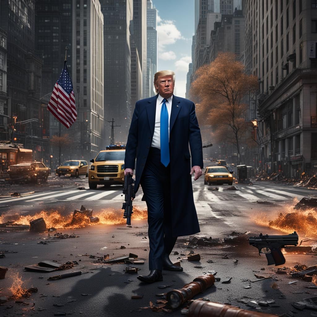 Donald Trump standing on 5th avenue, with a gun