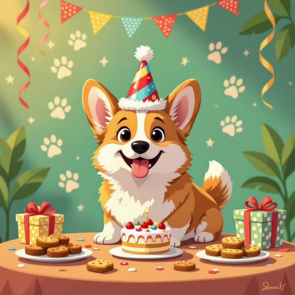 Happy Corgi Birthday Celebration with Festive Treats