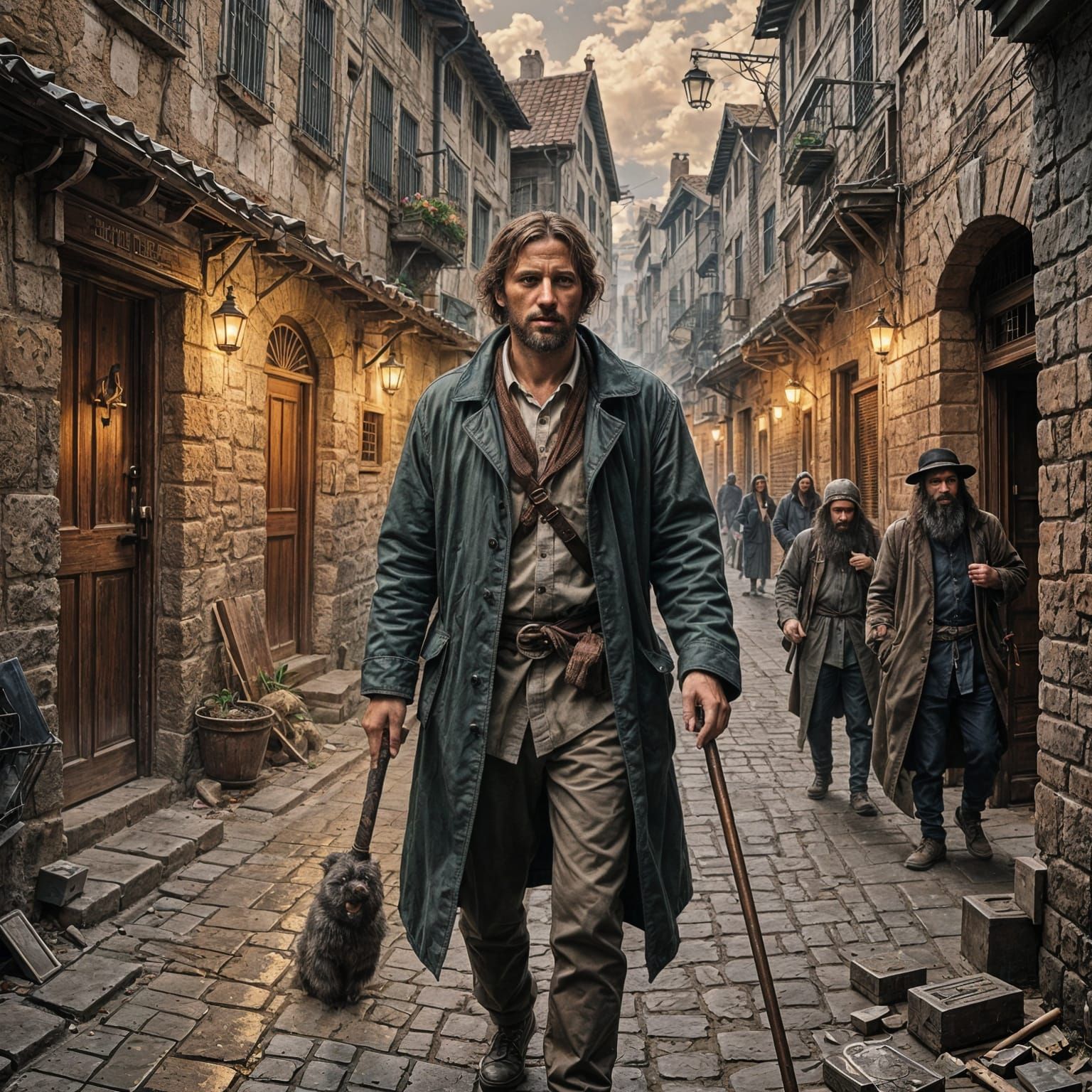 Man in Torn Clothes Walks Through Medieval Alley
