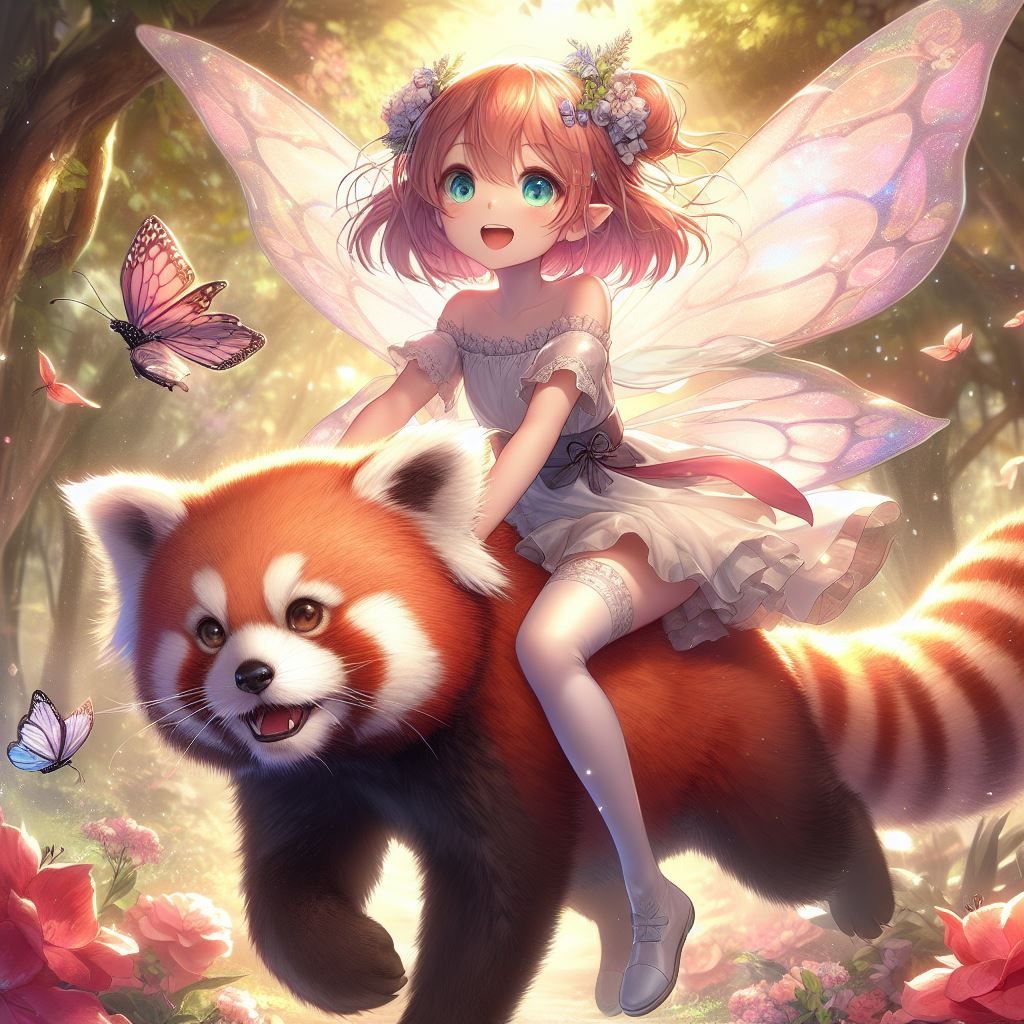 fairy riding a red panda