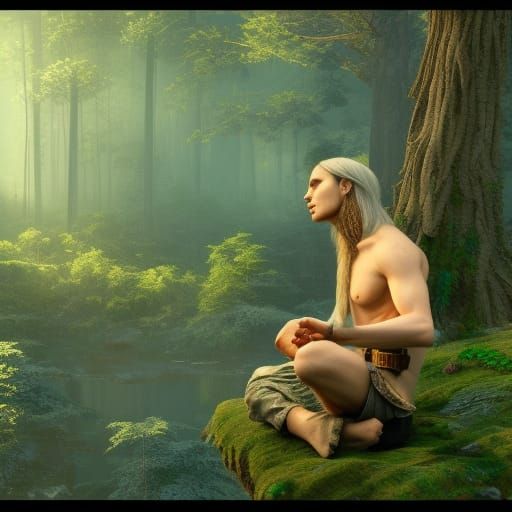 male elf meditating, long hair, peace in forest