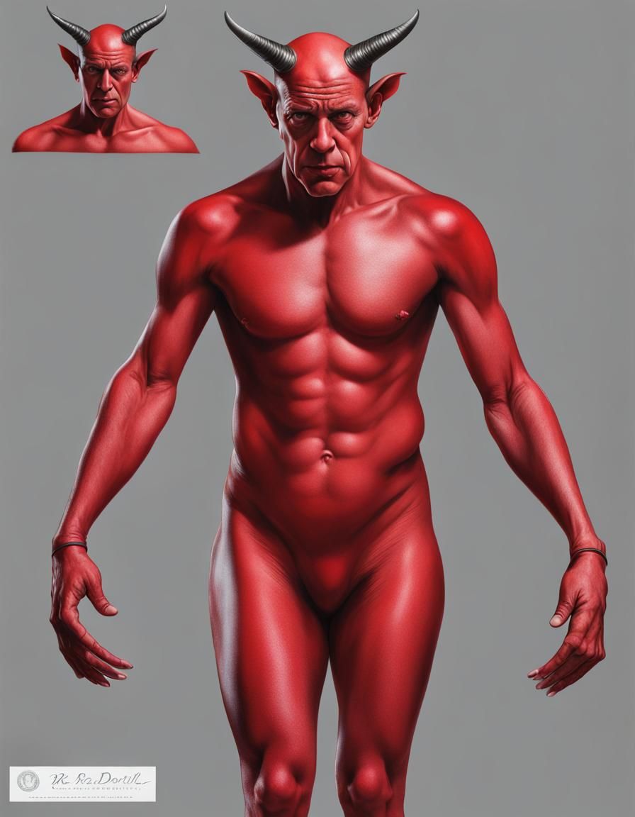 Red devil, photorealistic, whole body, money on hands, bald,...