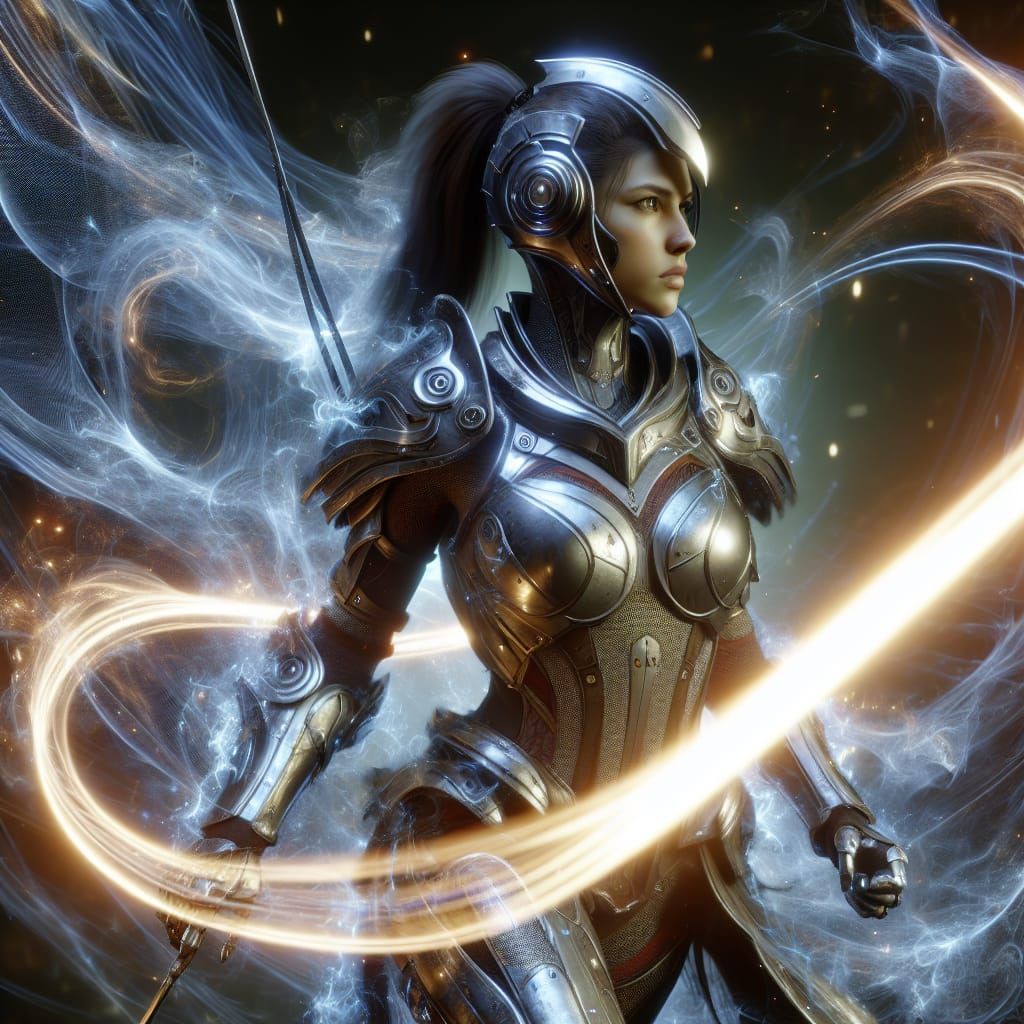 Hispanic Knight Android with Swirling Energy in 8K