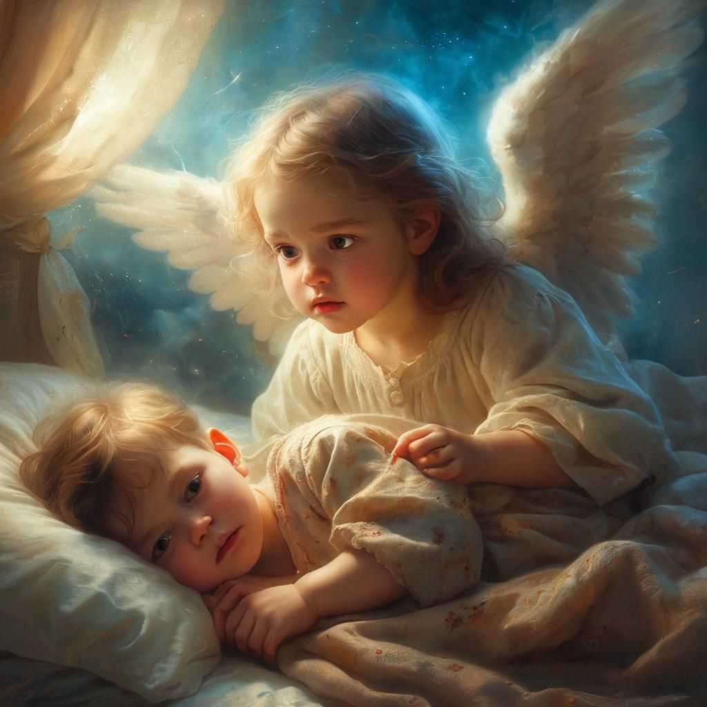 Portrait of a little angel looking after a child who is lyin...