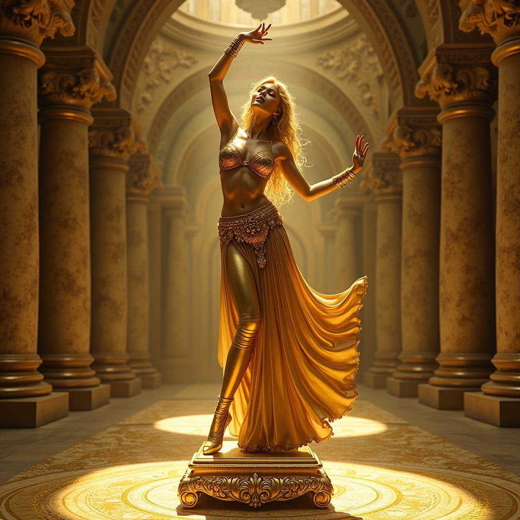 Gold statuette of a pretty female dancer dancing in a exotic dancer outfit on a gold table in a gold treasure room.