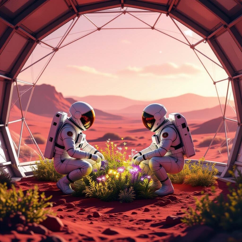 <lora:Dreamy Enchantment:1.0> A lone astronaut tending to a bioluminescent garden inside a geodesic dome on Mars. The plants glow with an et...