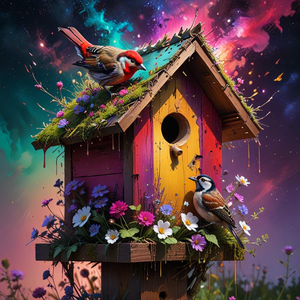 exposure: detailed  depth of field close up   Birdhouse with 1 mom  Red woodpecker with  aggs ,wildflowers ...  by @Adu entertainment