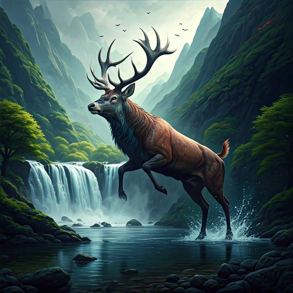 Majestic Stag Leaps in a Fantasy Landscape