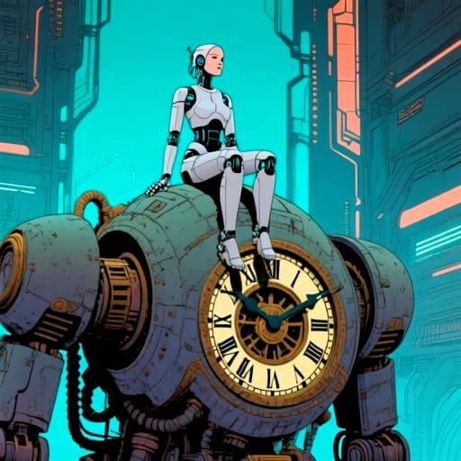 Close up of a solitary figure, a female robot, sits atop a colossal, ancient clockwork automaton in the style of Moebius. Facing the viewer....