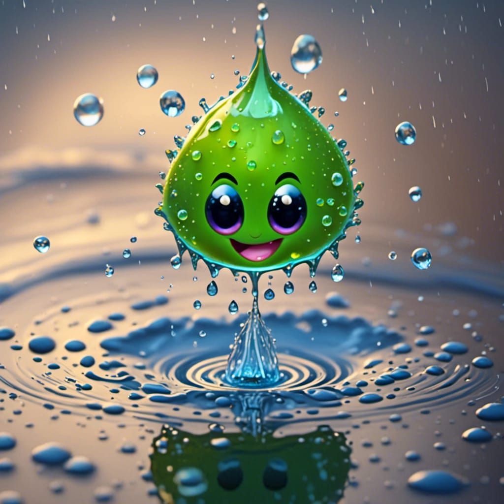 <lora:waterdrops:1.0> Super cute friendly water drop splashing in a puddle 