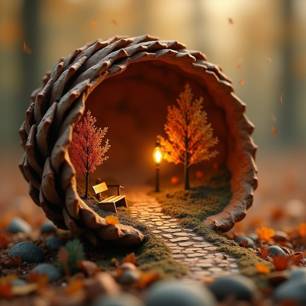 A hyper-detailed 8K miniature autumn world hidden inside a giant open pinecone. Tiny golden leaves scattered ...  by @MoonlitAura