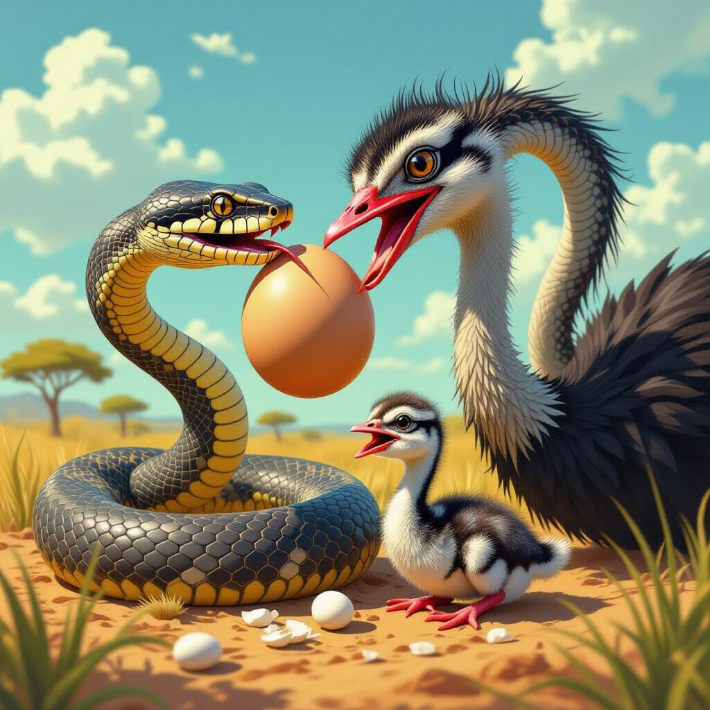 Ostrich Chick Eats Snake With Ostrich Eggs