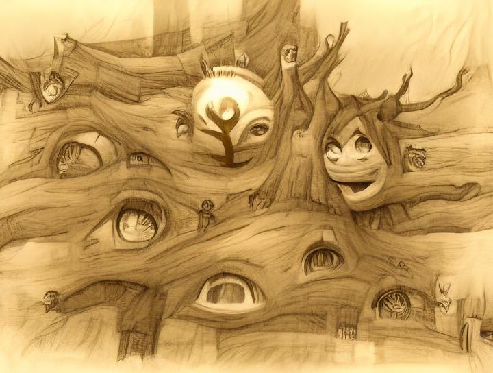 Concept art, pencil sketch, sepia tone; Eyes High Up in the World Tree