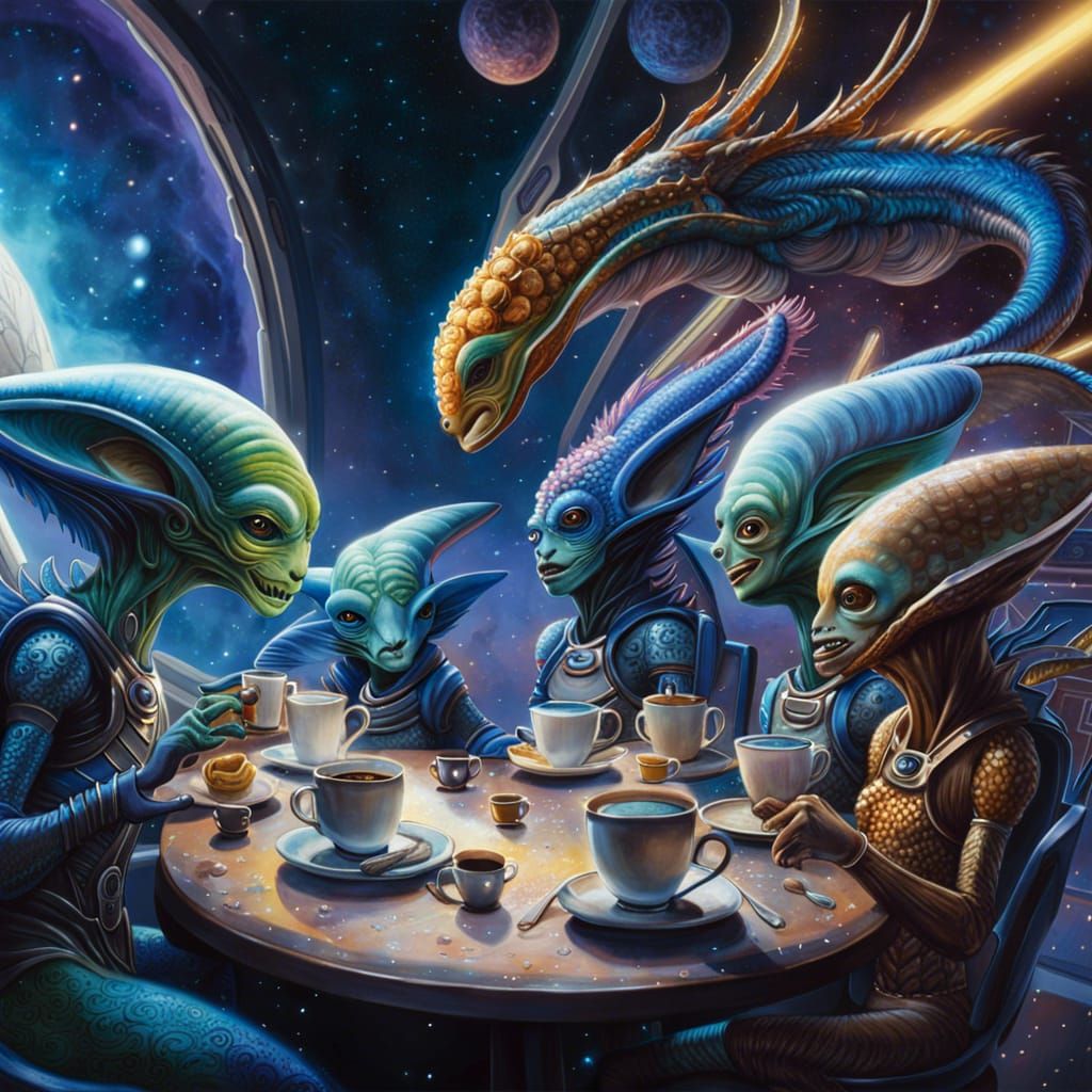 Beautifull Fantastical Aliens creatures gathered in a Space Coffee-Shop seated around  table filled with ...  by @Christine Gauthier