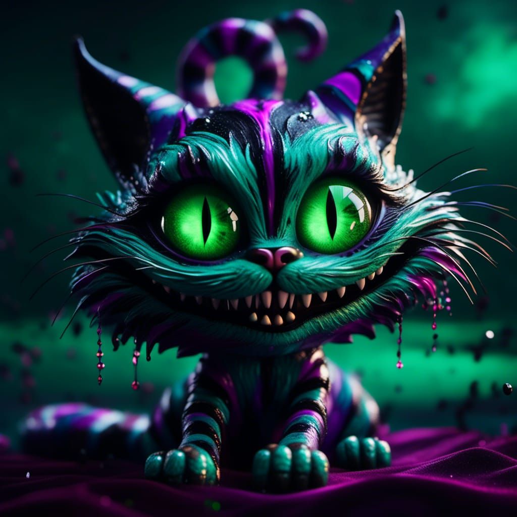 A demented malevolent emerald green, black and purple Cheshire cat with ...