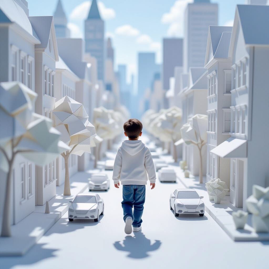 A photograph of a real boy walking through a city made entirely of paper in origami style. Around him are white and pastel buildings, trees,...