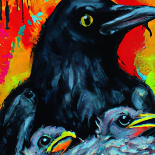 Pretty mama crow and baby crows