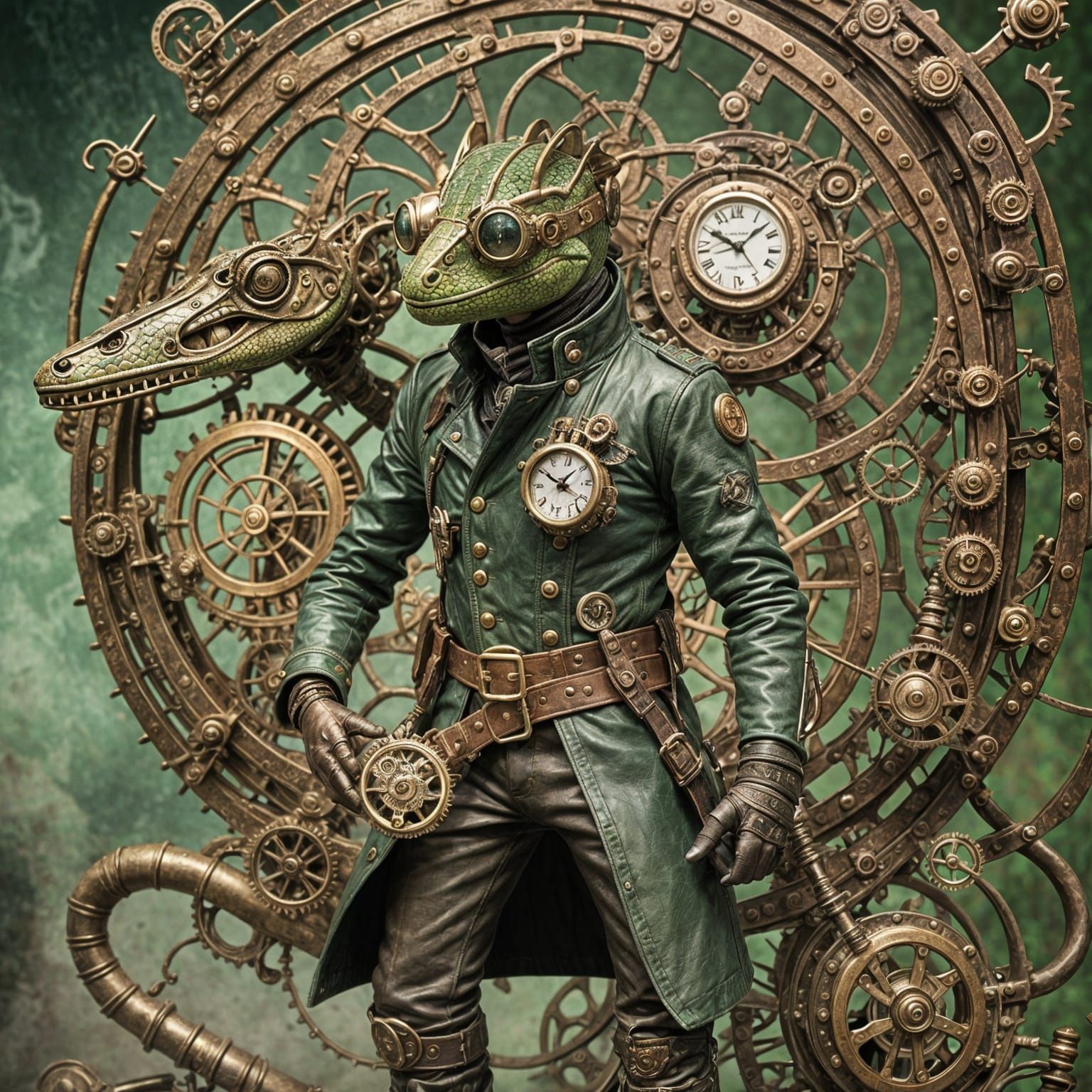 A green lizard dressed in a steampunk outfit, including gogg...