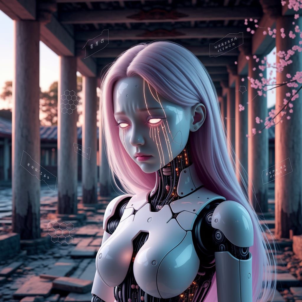 Sorrowful Android in Temple Ruins with Glowing Tears