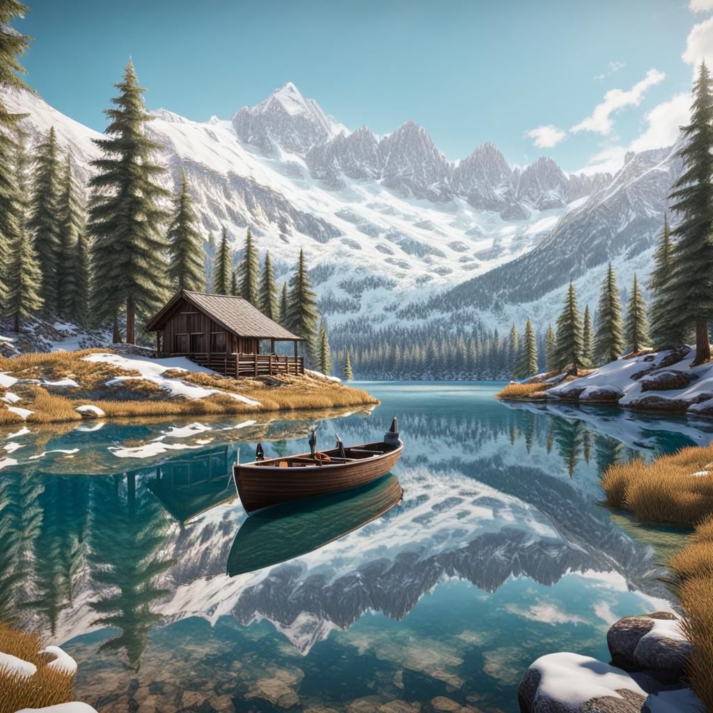 Crystal clear waters, reflectting snowed mountains and forest,  A boat in a lake, deer and some animals ...  by @undefined