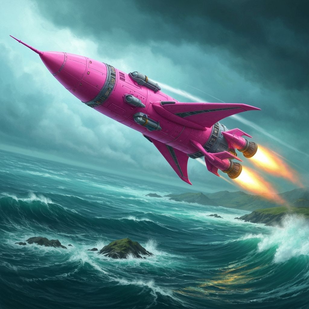 Pink rocket ship, sailing in the air , over the ocean coast , stormy sea.   by @Micha2424