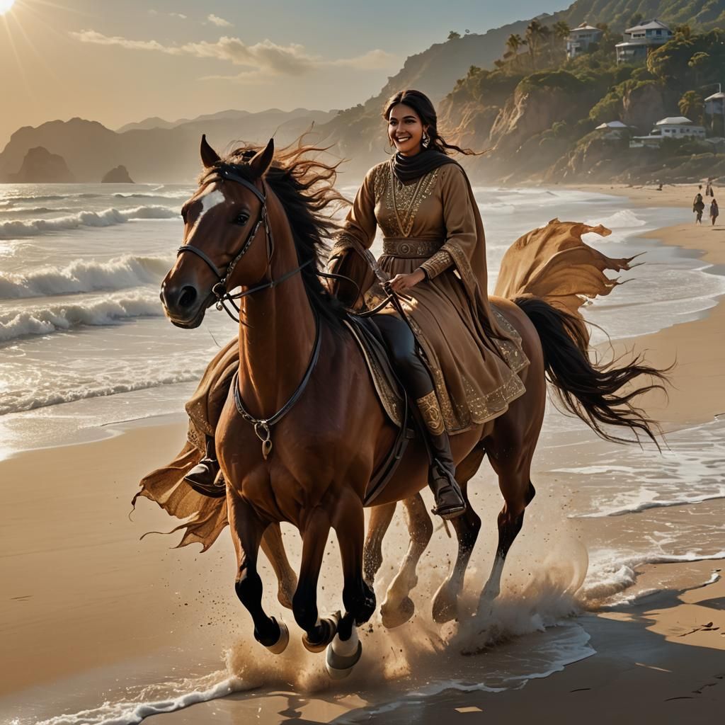 "A hijhab girl wearing a light brown long dress is riding a ...