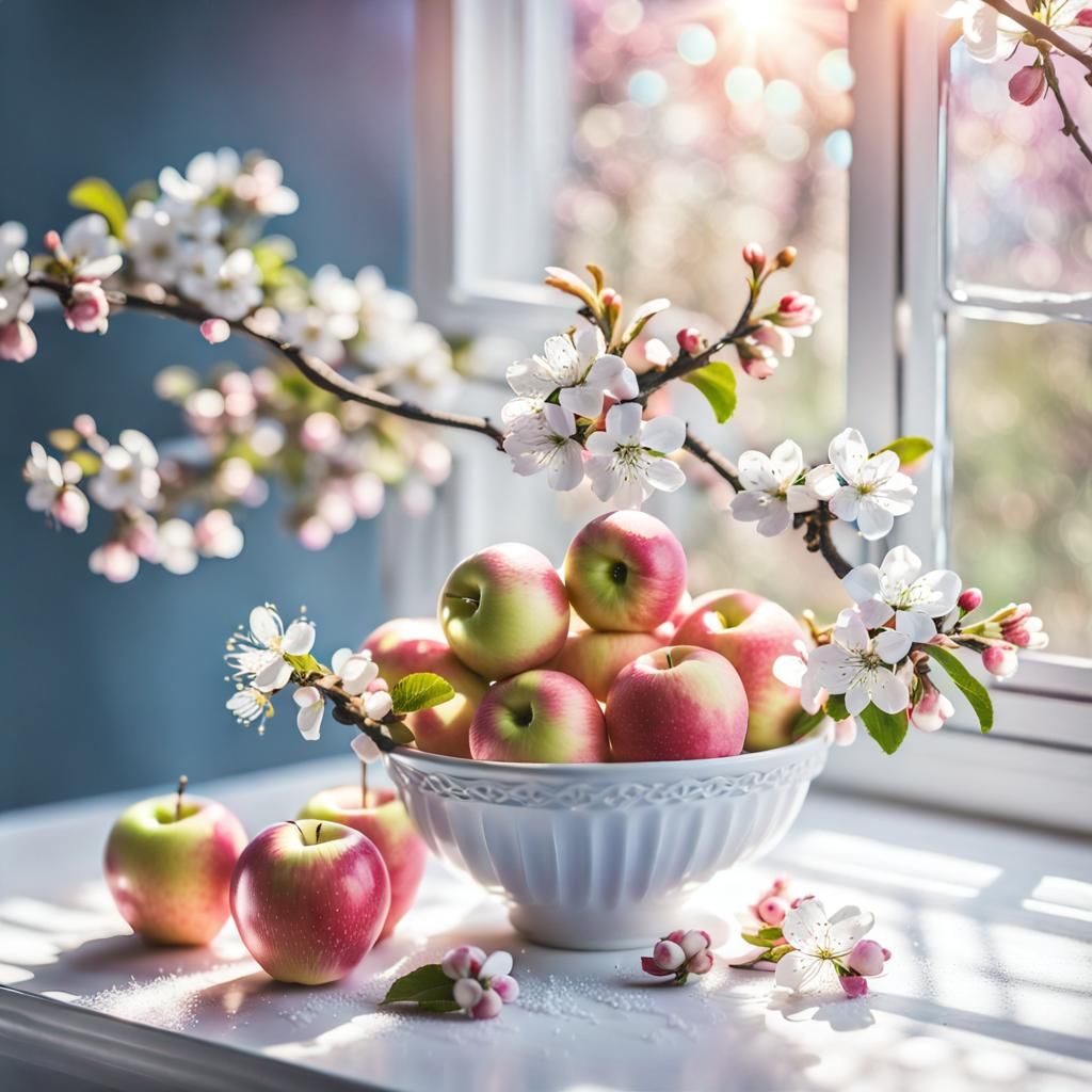 pink pastel apples and apple blossoms in a white bowl, with ...