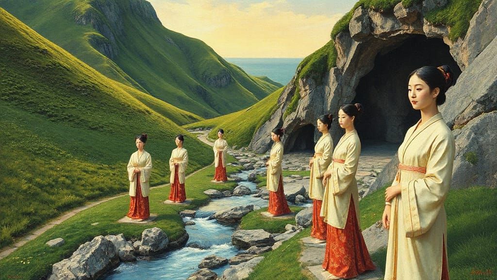Elegant Hanbok Figures Lining Serene Mountain Stream