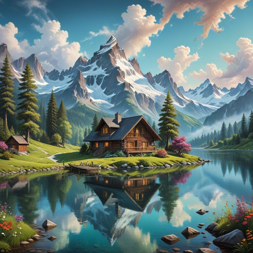digital painting of a serene alpine landscape, reminiscent of a Bob Ross tutorial, but with a surreal ...  by @mgafner