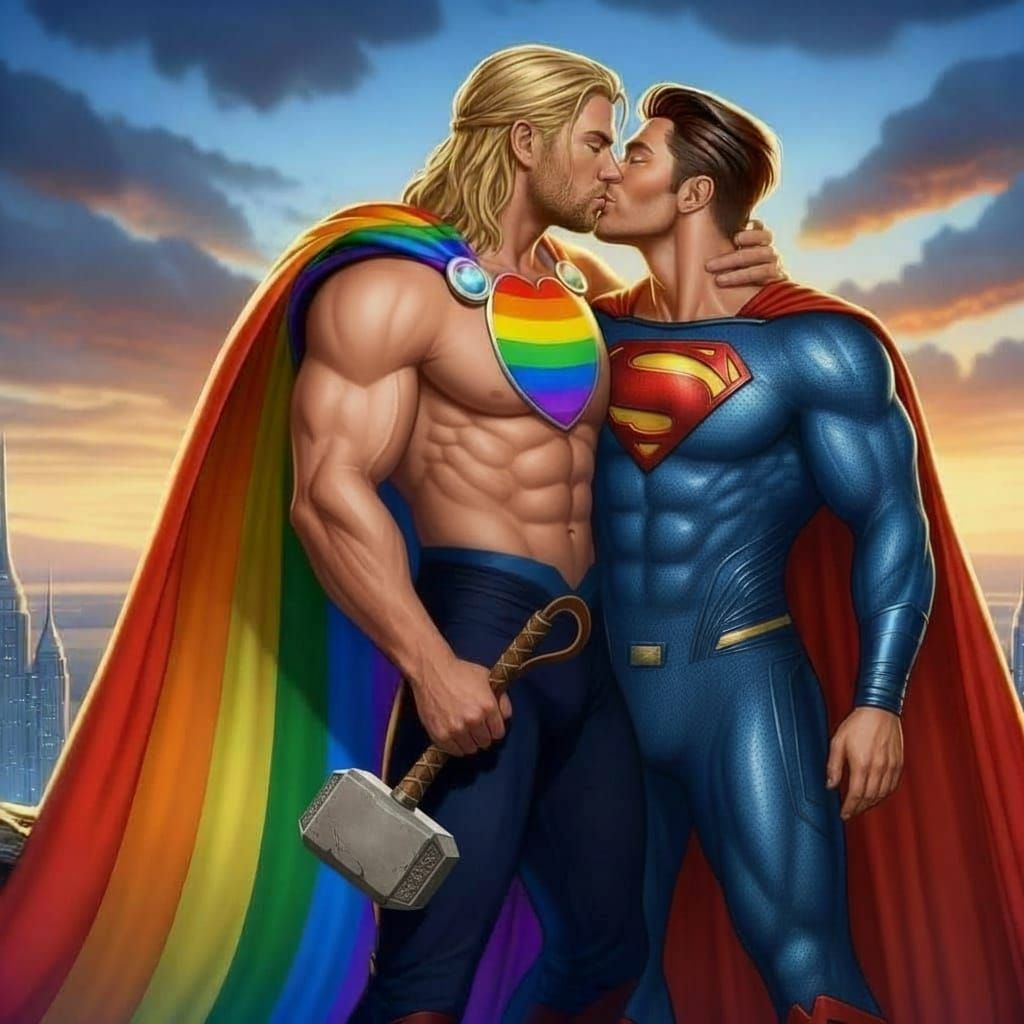 Thor with a rainbow cape kissing superman