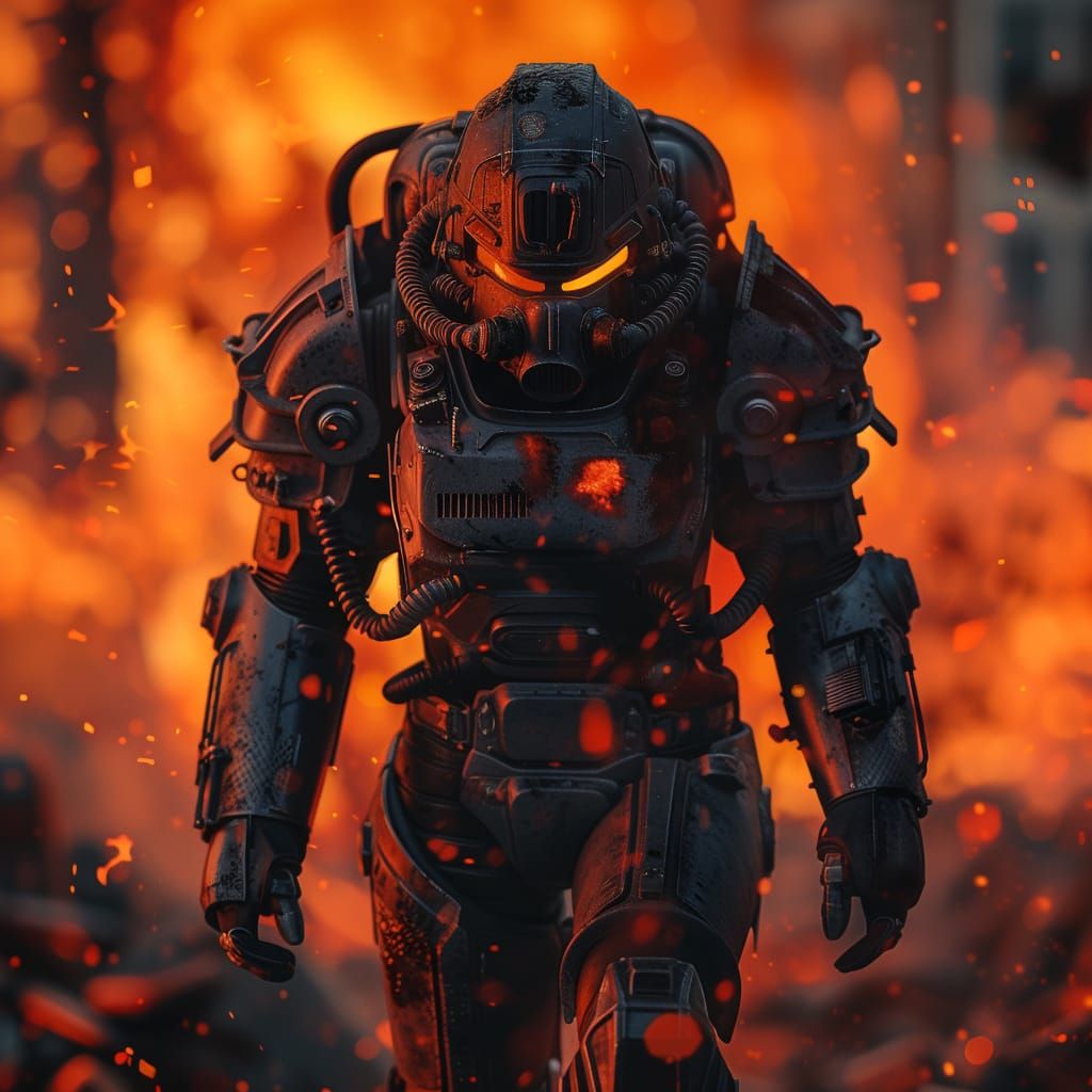 Power armour walking through embers