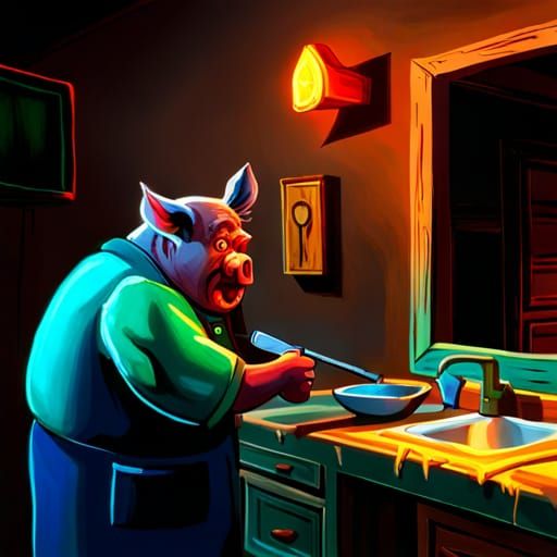 Horror, The butcher pig with the old-pig's fang-head in an a...
