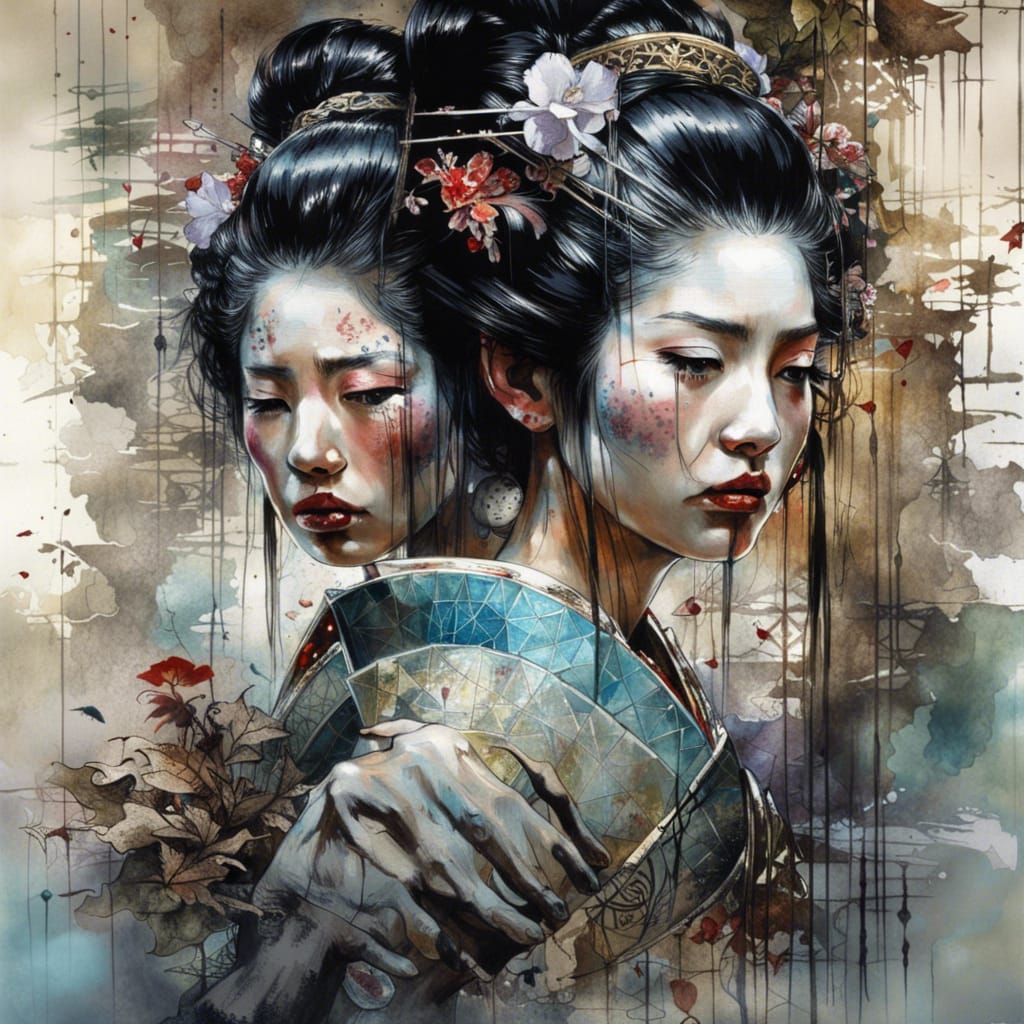 Emotional Geisha in Shattered Mirror: Dark Fantasy Art