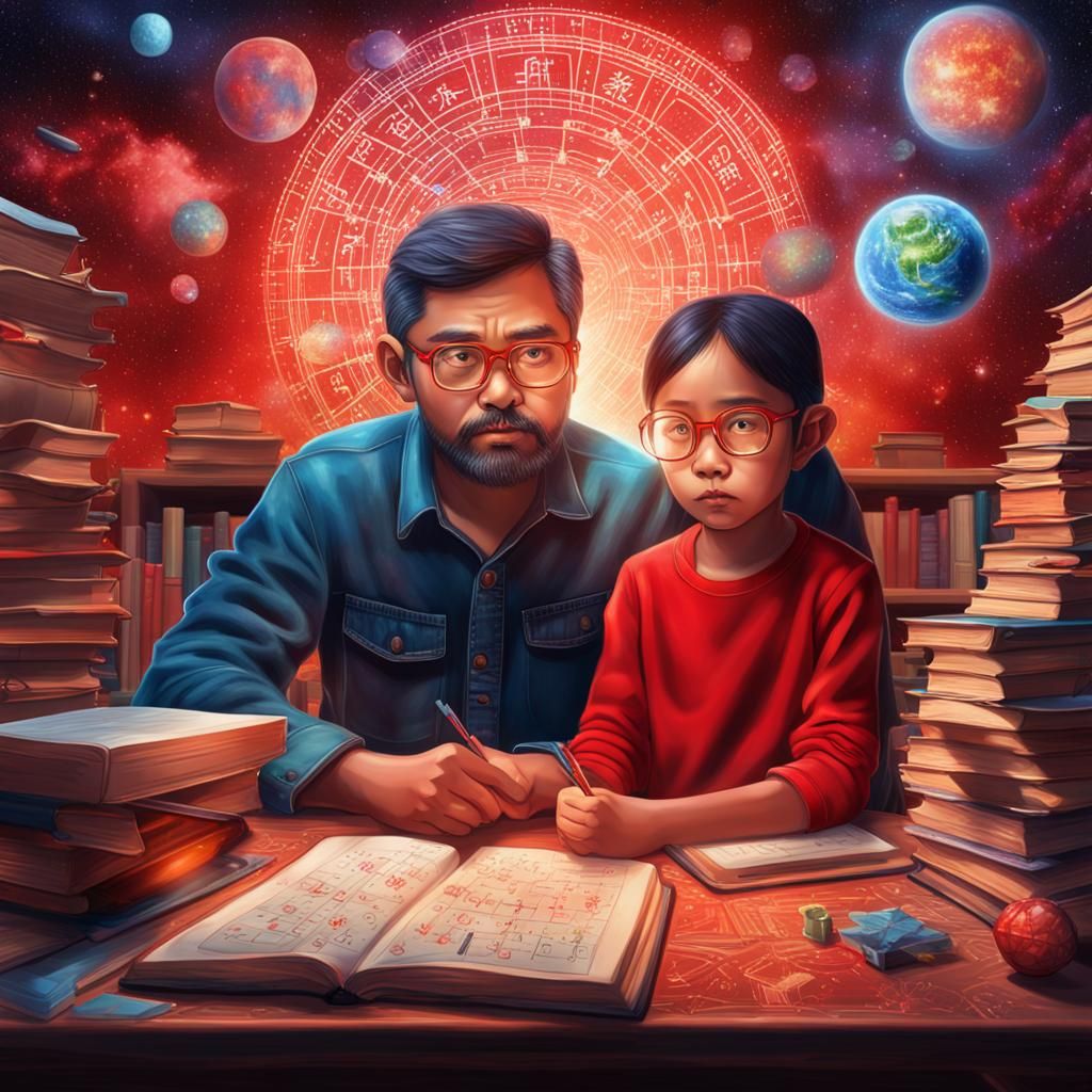 An asian 6 years old girl in red glasses and a 30 years old ...