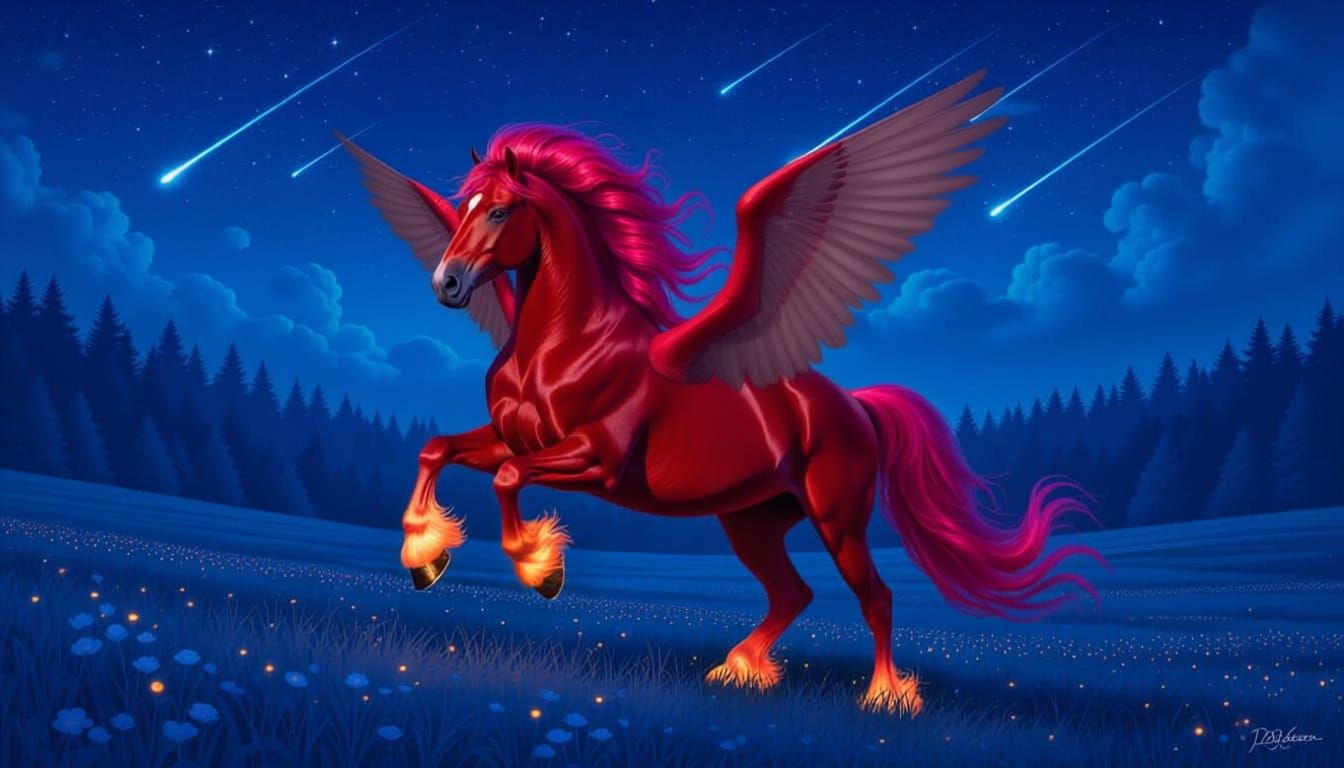 Hyper-realistic fire-opal unicorn with extremely long wavy mane and tail,  dances along the border of the edge of the line between night and... - Start Image 2