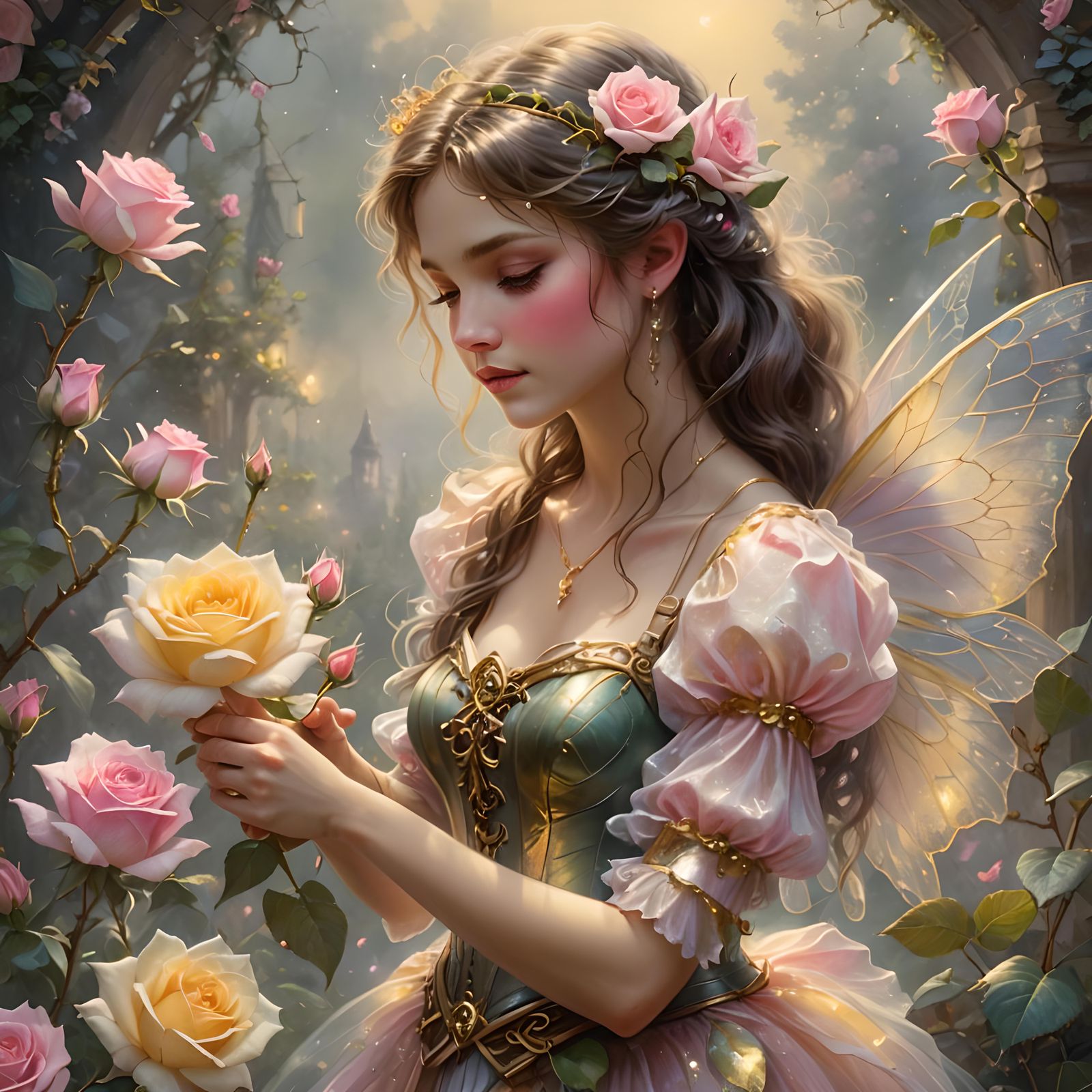A beautiful fairy working pink and yellow rose blossoms. Etherial feel.  by @StHelens1980