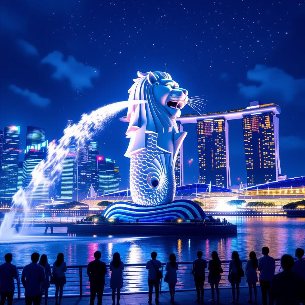 Hyper realistic Merlion at Marina Bay Sand during the night with people watching    cyberpunk style
