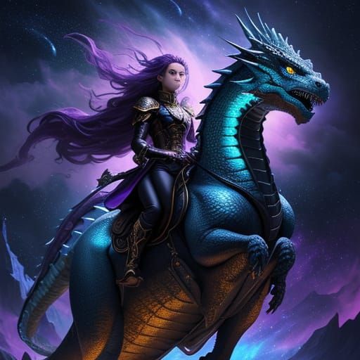 Girl Rides Magical Dragon Through Starry Sky