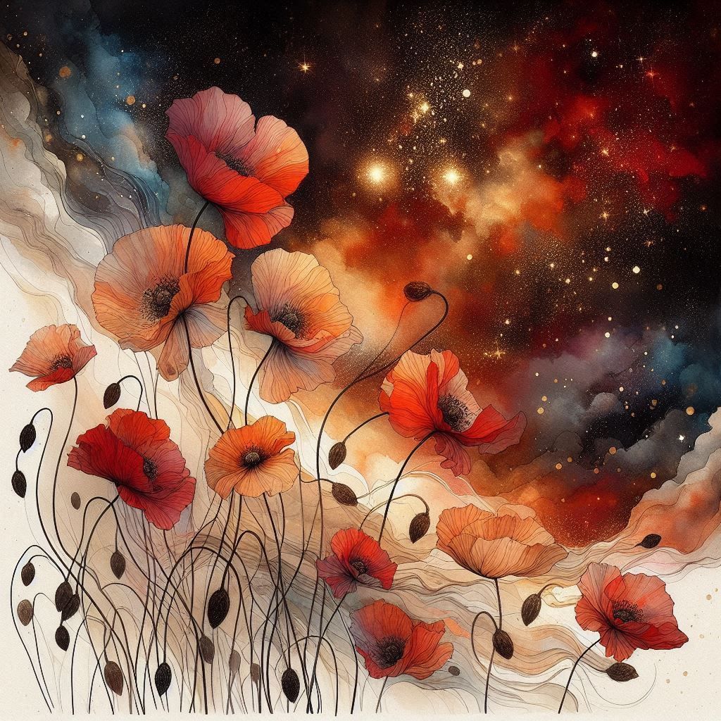 Watercolour Poppies Against Cosmic Galaxy.