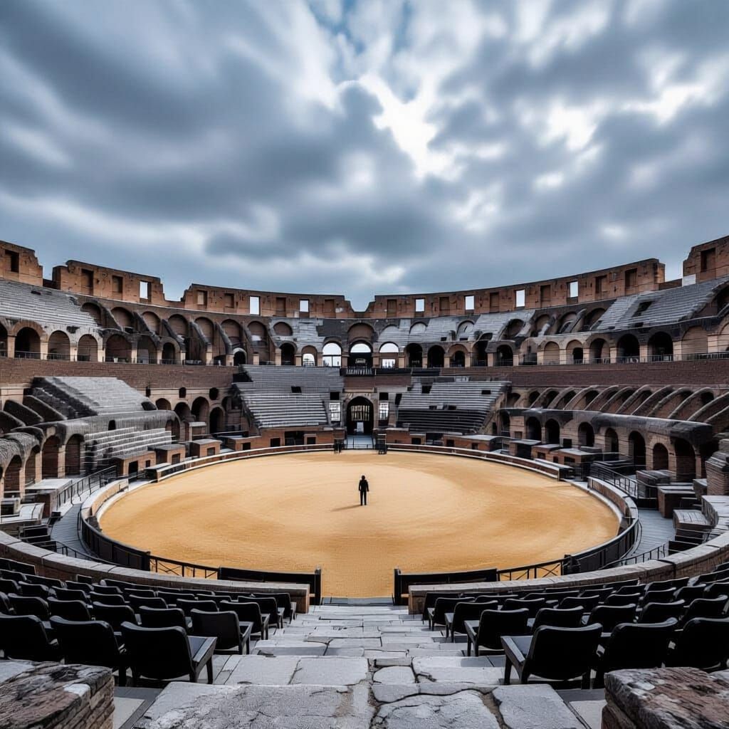 a high-up view of an ancient roman amphitheater. in the middle stands a lone figure. they look tiny because the view is so far away. they lo...