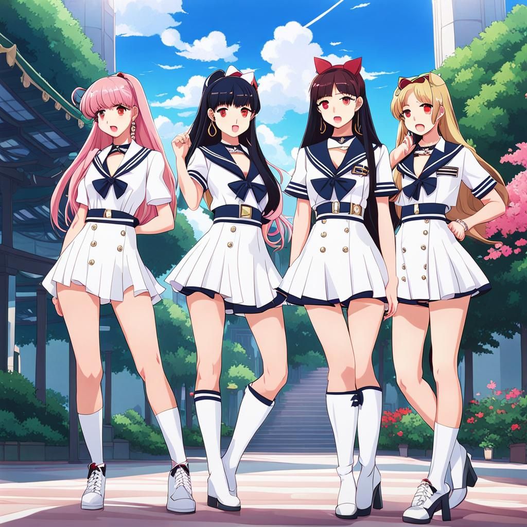 Jennie Rose Lisa And Jisoo From Blackpink In White Sailor Outifts In Japanese Anime Style 