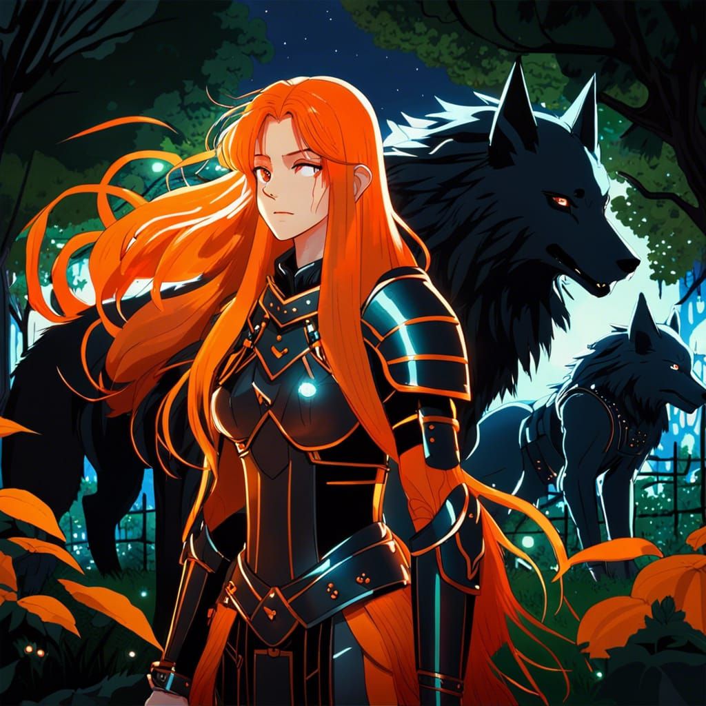 serious woman long bright orange hair fantasy saint in armor...