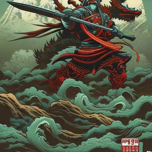 crocodile samurai in style of Hokusai