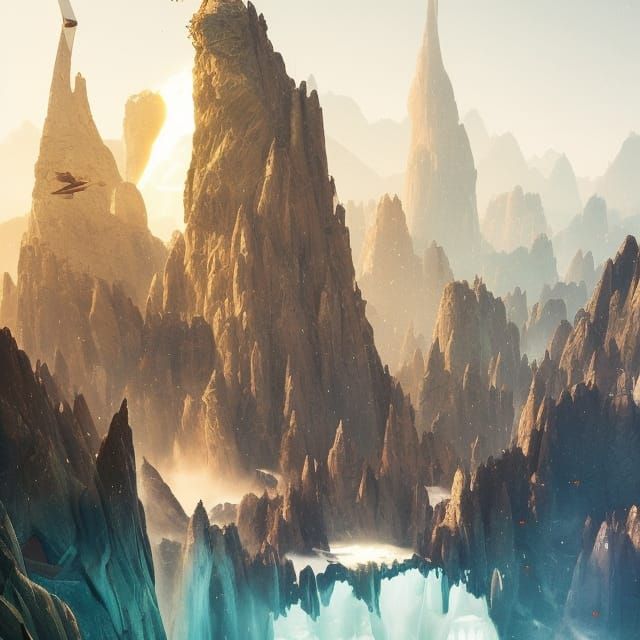 Futuristic Sci-fi mountains and waterfalls by WLOP beeple Gr...