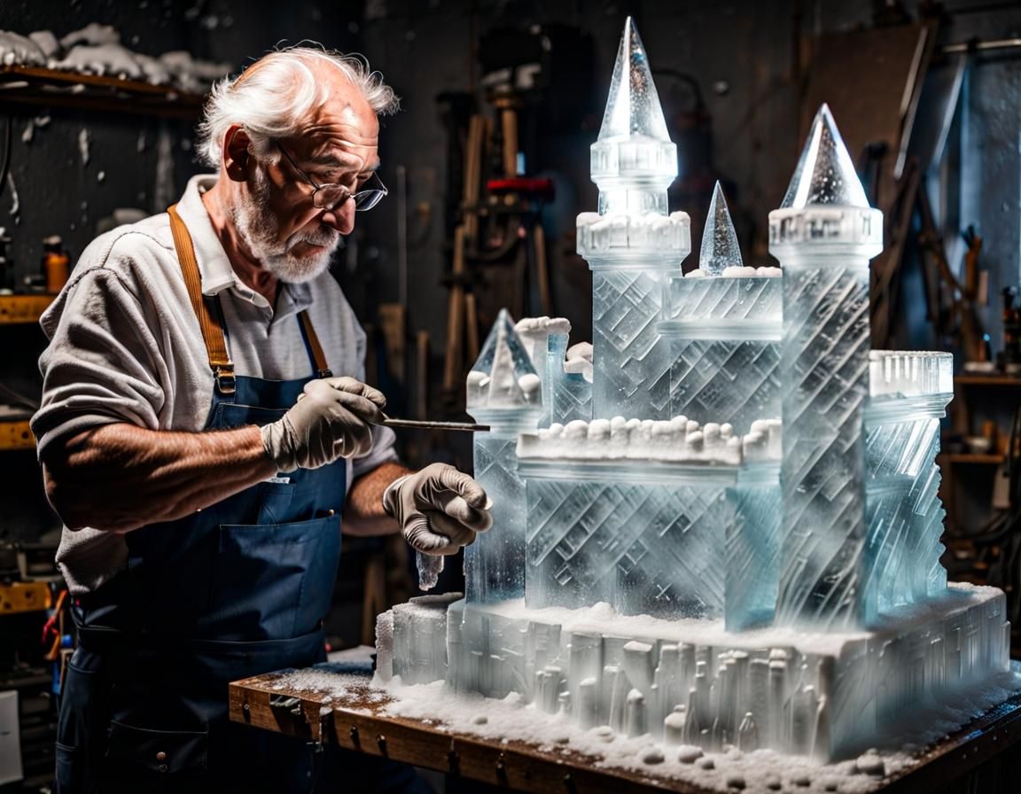 Old professional man carving an realistic castle ice sculpture in his studio, tools on the walls, dramatic ...  by @Sparkfire